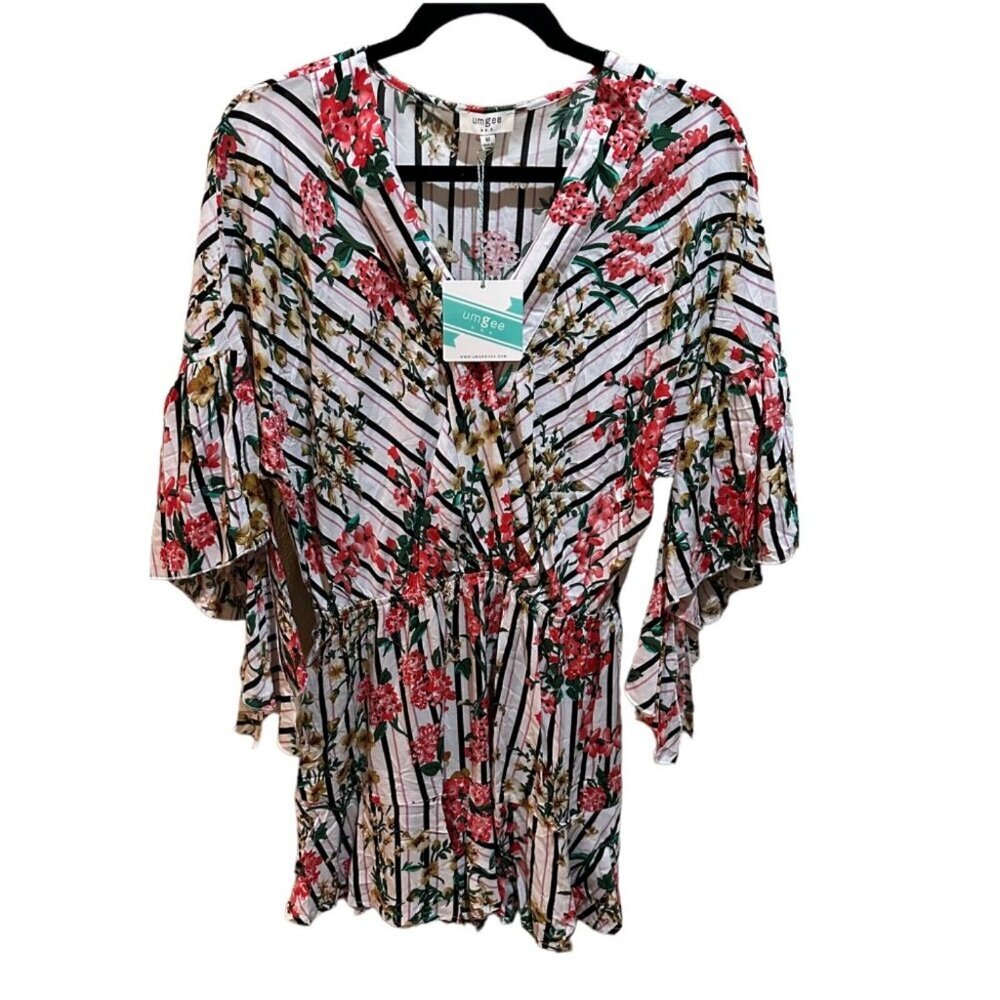Umgee Women Size M Multicolor‎ Floral Stripe Flow Sleeve Romper Swim Coverup NWT